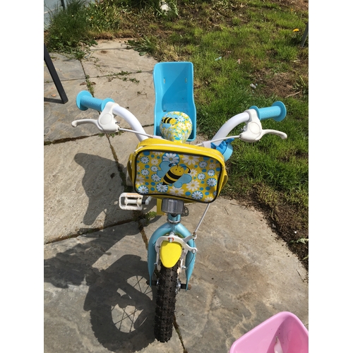 89 - GIRLS BIKE WITH STABALISERS IN FANTASTIC CONDITION IN BLUE AND YELLOW