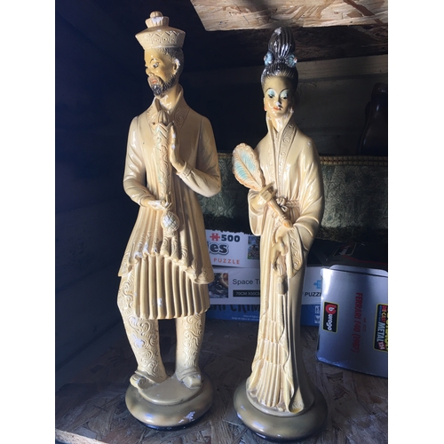 177 - VERY NICE PAIR OF CHALK ORIENTAL FIGURES 24CM TALL REPAIR TO MALE BASE IN PIC, COUPLE OF RUBS