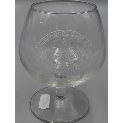 150T - Four Masonic Brandy Glasses to include Kitchener Lodge & Wilderswood Lodge