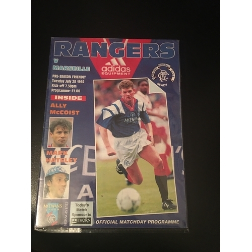 188 - GLASGOW RANGERS VRS MARSEILLE 1992 PRE SEASON FRIENDLY MATCH COLLECTABLE PROGRAMME IN PROTECTIVE SLE... 