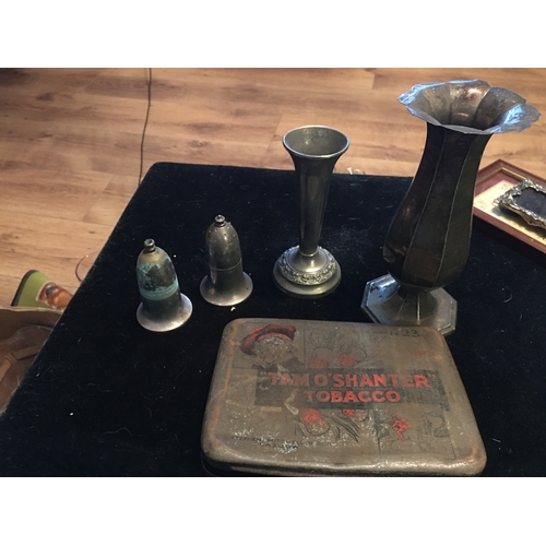 360 - COLLECTION OF VINTAGE PLATED ITEMS INCLUDING TWO TRUPET VASES AND A RARE TAM O' SHANTER TOBACCO TIN