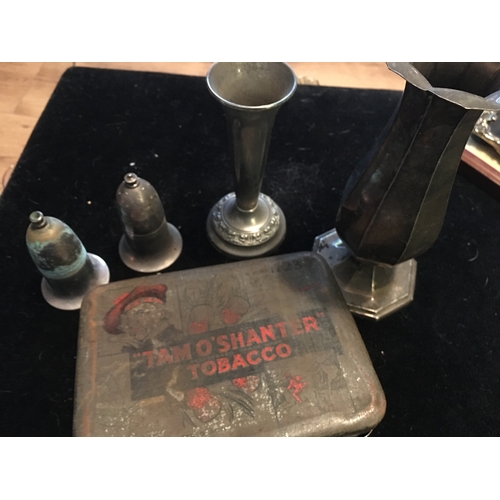 360 - COLLECTION OF VINTAGE PLATED ITEMS INCLUDING TWO TRUPET VASES AND A RARE TAM O' SHANTER TOBACCO TIN