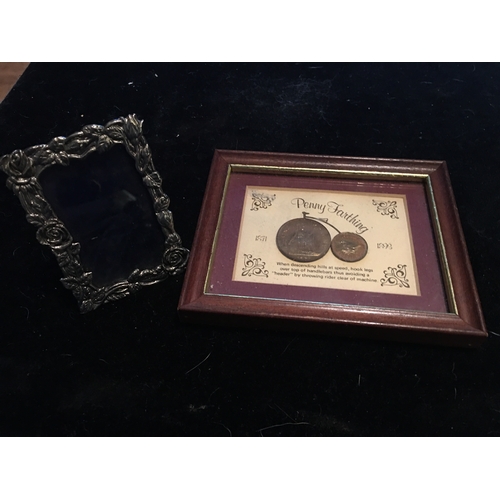 361 - NICE FRAMED PENNY FARTHING DESIGNED WITH COINS AND PLATED SMALL ART NOUVEAU STYLE FRAME