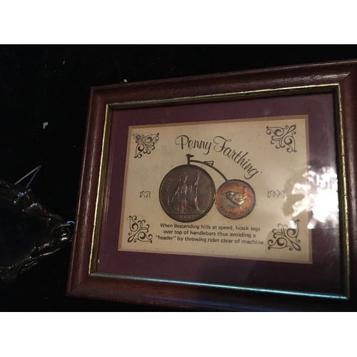 361 - NICE FRAMED PENNY FARTHING DESIGNED WITH COINS AND PLATED SMALL ART NOUVEAU STYLE FRAME