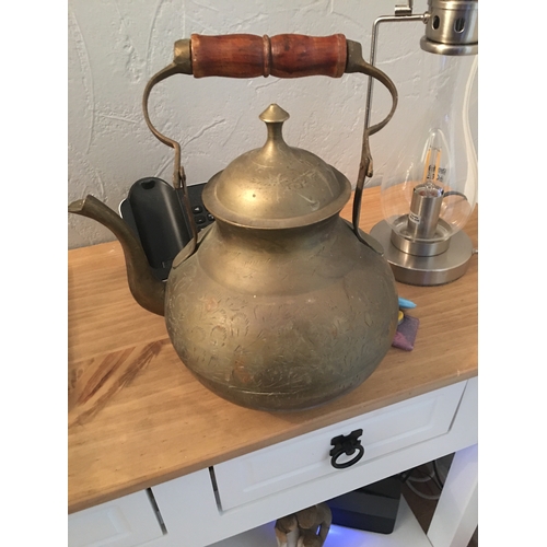 55 - LOVELY BRASS TEA POT WITH WOODEN HANDLE