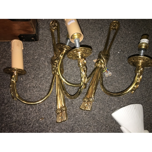 56 - TWO LOVELY DOUBLE BRASS WALL CANDLE HANGINGS