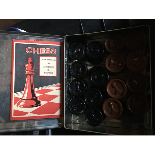 77 - BOX OF VINTAGE WOODEN CHESS MEN INCOMPLETE AND A VINTAGE CRIBIDGE BOARD & BOXED SET OF DRAUGHTS WITH... 