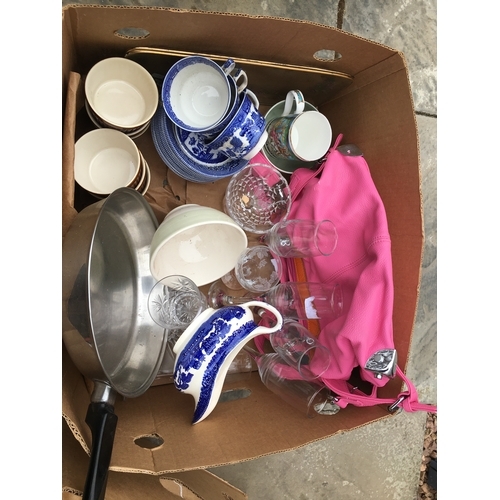 74 - BOX LOT OF BLUE & WHITE WARE, CHAMPAGNE GLASSES, CRYSTAL, FRYING PAN AS NEW RAMMIKINS LADIES HANDBAG... 