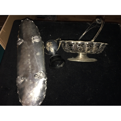 28 - LOVELY SELECTION OF THREE PIECES OF METAL WARE INCLUDING DECO PEWTER HANDLED SERVER, PLATED PIERCED ... 