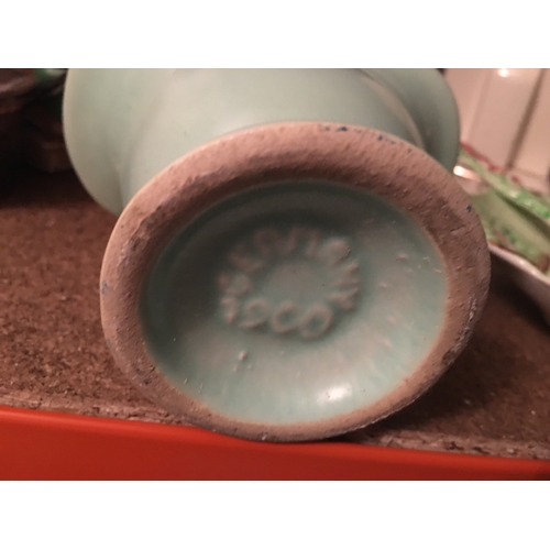 200D - A CARLTON WARE BUTTER DISH WITH MATCHING KNIFE AND A RARE GERMAN BASKET VASE IN POWDER BLUE