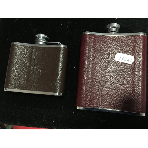 44 - TWO LOVELY  HIP FLASKS ONE GOLFER AND ONE LEATHER COVERED