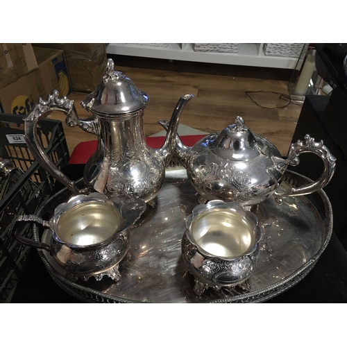 100O - Lovely EPNS Tea set comprising teapot, coffee pot, milk and sugar bowl On matching tray