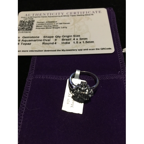 103 - STUNNING Sterling Silver Aquamarine and White Topaz Size M Ring Complete with Pouch and Certificate ... 