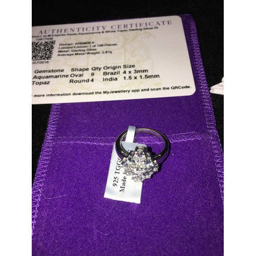 103 - STUNNING Sterling Silver Aquamarine and White Topaz Size M Ring Complete with Pouch and Certificate ... 