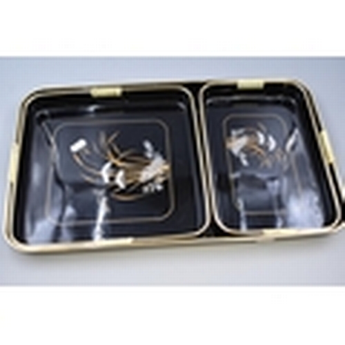 43 - LOVELY Three Piece Oriental Serving Tray Set, Black Lacquered  CH