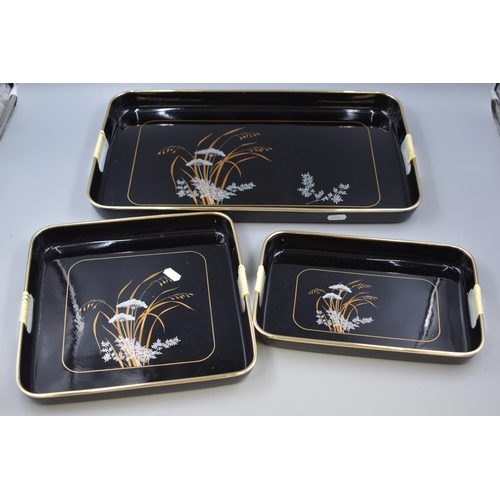 43 - LOVELY Three Piece Oriental Serving Tray Set, Black Lacquered  CH