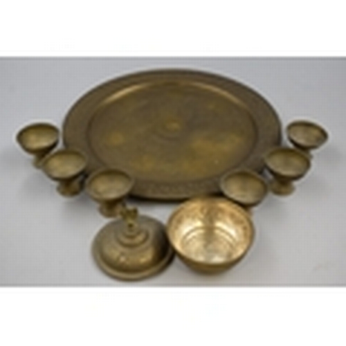 72 - FANTASTIC Vintage EL Khomsa Tunisian Brass Tray with Six Cups and Centre Piece