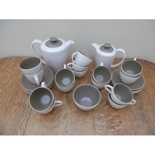 15 - A POOLE POTTERY TWINTONE COFFEE SET IN C54 SEPIA & MUSHROOM COLOURING, COFFEE POT, WATER JUG,MILK JU... 