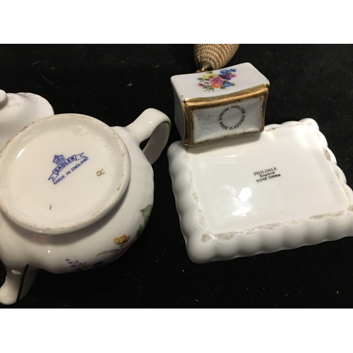 60 - LOVELY SELECTION OF THREE PCS OF CHINA INCLUDING AUSTRIAN PERFUME AUTOMISER, MINITURE SADLER TEAPOT ... 