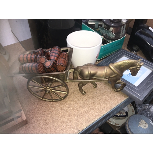 44 - STUNNING Brass Horse and Carriage complete with Barrels