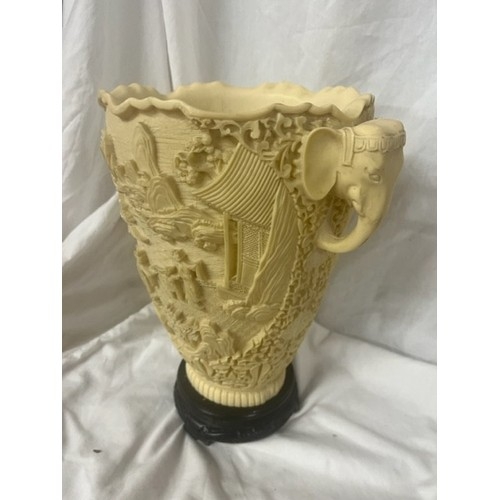 148 - LOVELY ORIENTAL 'BONE' CARVED ELEPHANT VASE ON PLINTH