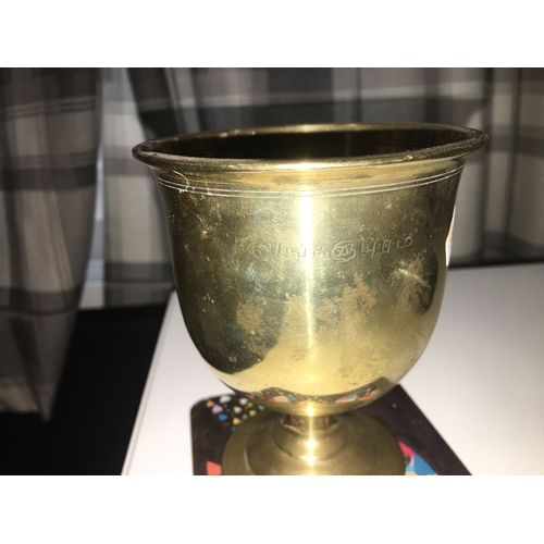 69 - VERY NICE VINTAGE BRASS GOBLET WITH MARKINGS TO THE SIDE