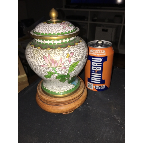 23 - STUNNING ORIENTAL Brass Enamelled Ginger Jar on Wooden Stand  24CM LOVELY CONDITION