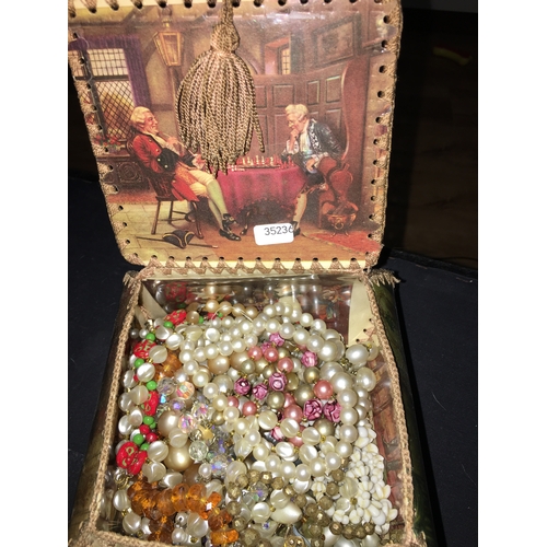 56 - LOVELY VINTAGE STICHED CLASSICAL PICTURED JEWELLERY BOX  OF COSTUME JEWELLERY