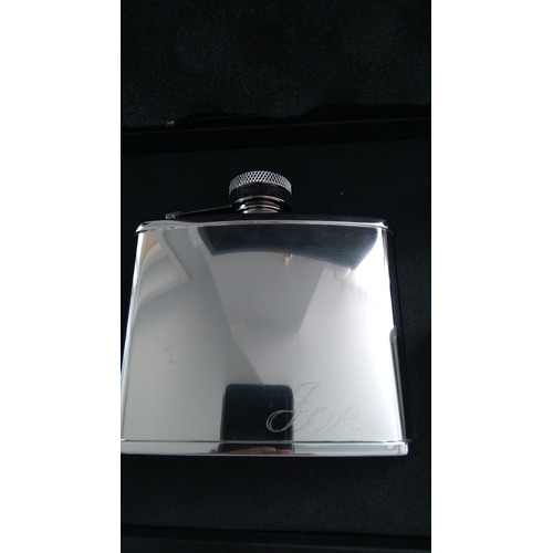 261 - AS NEW BOXED 4OZ HIP FLASK FUNNEL AND CUP ENGRAVED JOE