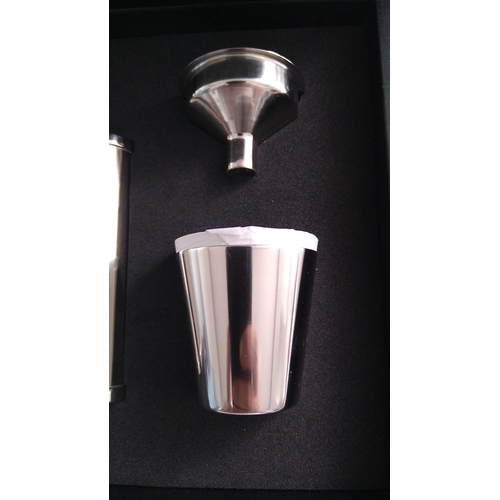 261 - AS NEW BOXED 4OZ HIP FLASK FUNNEL AND CUP ENGRAVED JOE