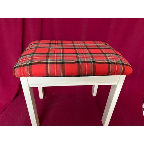 293 - LOVELY White frame dressing table stool with red tartan upholstery 54x45x40cms