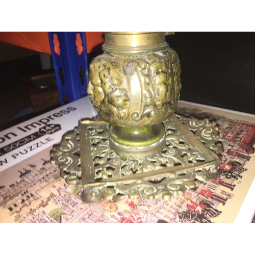 379 - LOVELY EARLY BRASS DESK INK WELL WITH CLASSIC HEADS DESIGN