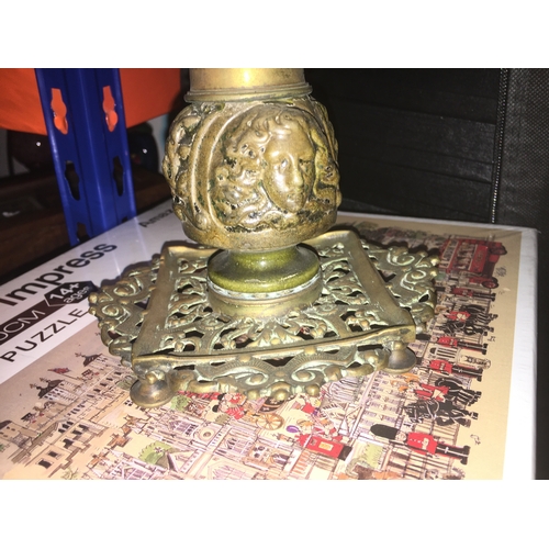 379 - LOVELY EARLY BRASS DESK INK WELL WITH CLASSIC HEADS DESIGN