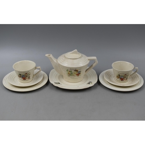 346 - LOVELY Childs Art Deco Tea set for Two. Pot and Two Trios With Nursery Rhyme / Motto of The Period