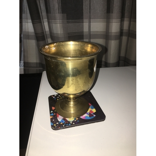 349 - VERY NICE VINTAGE BRASS GOBLET WITH MARKINGS TO THE SIDE