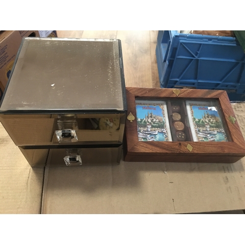 8 - GLASS JEWELLERY BOX AND WOODEN BOX OF CARDS AND DICE