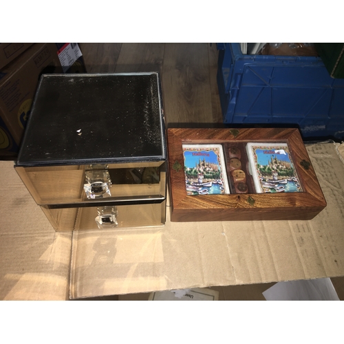 8 - GLASS JEWELLERY BOX AND WOODEN BOX OF CARDS AND DICE