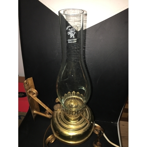 337 - WALL MOUNTED BRASS OIL LAMP WITH FUNNEL CONVERTED BUT WILL NEED REWIRED