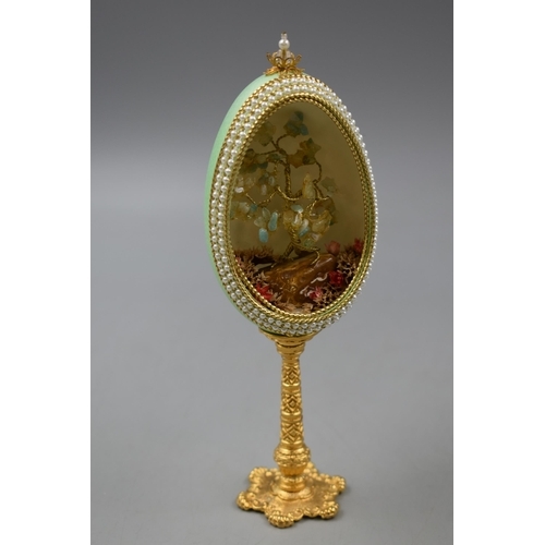 284 - Beautiful Rider and Smart Natural Egg Containing Jewel Tree Standing on Gold Plated Base