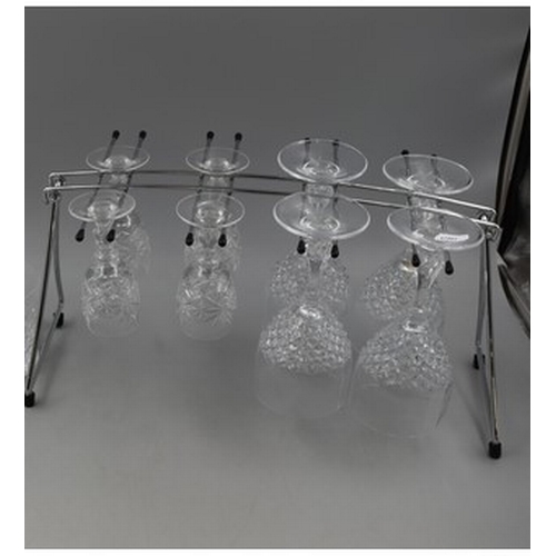 57 - LOVELY Chromed Folding wine Glass Stand With 4 Crystal Sherry Glasses, 4 Crystal Wine Glasses