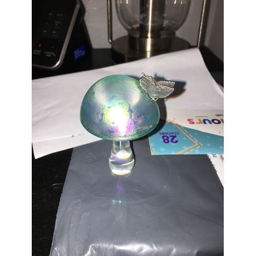 9 - LOVELY  LUSTRE GLASS MUSHROOM WITH WHITE METAL BUTTERFLY TOP with markings