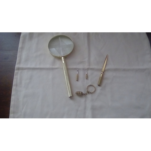 32 - RARE Vintage Magnifying Glass With Brass Paper knife and two small Screwdrivers inside handle