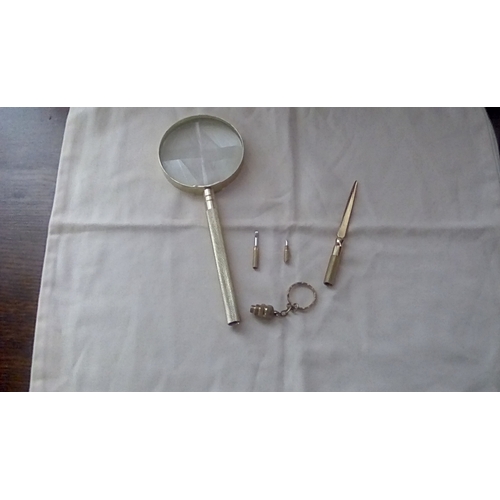 32 - RARE Vintage Magnifying Glass With Brass Paper knife and two small Screwdrivers inside handle