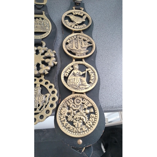 485 - TWO SETS OF HORSE BRASSES ON LEATHER STRAPS