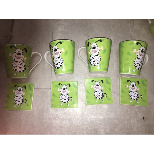 474 - FOUR DOGGY MUGS WITH FOUR MATCHING CERAMIC COASTERS