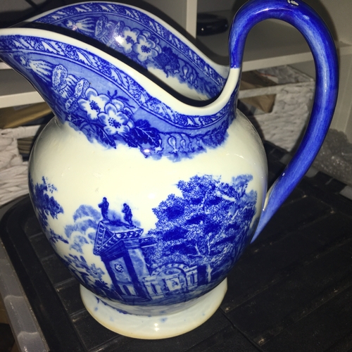 566 - LOVELY LARGE 26CM TALL VICTORIA IRONSTONE BLUE AND WHITE JUG WITH  BEUTIFULL CLASSICAL SCENES IN LOV... 