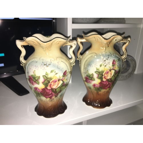 15 - Lovely Pair of decorative antique mantle vases measuring 22 cms tall with England stamped on bottom