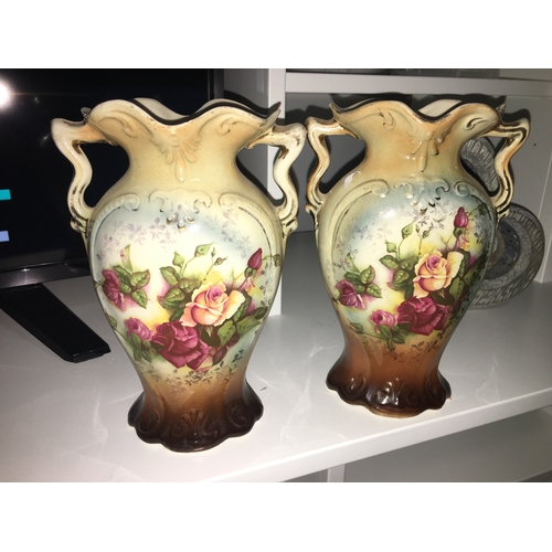 15 - Lovely Pair of decorative antique mantle vases measuring 22 cms tall with England stamped on bottom