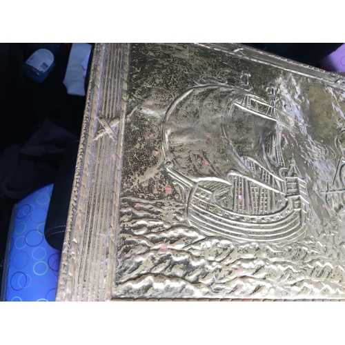 196 - VERY NICE BRASS COAL BOX WITH SHIP DECORATIONS