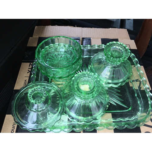 307 - LOVELY URANIUM GREEN GLASS DRESSING TABLE SET